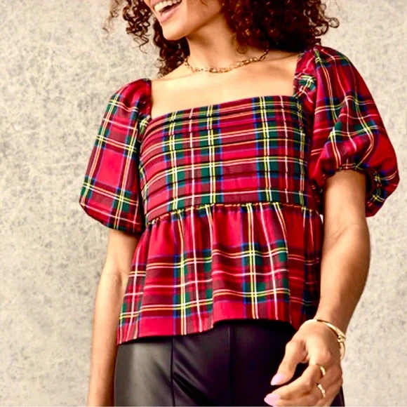 Francesca’s Collections Nicole Plaid Puff Sleeve Pleated Holiday Blouse NWT - Picture 2 of 15